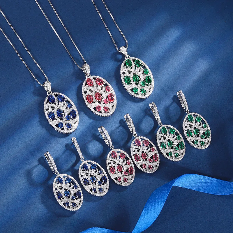 

Party Gift Blue Sapphire Red Ruby Green Clear Full Zircon Pendant Necklace Hoop Earrings Women Jewelry Set