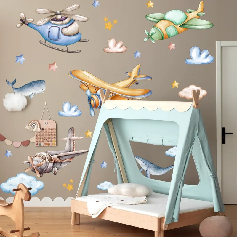 Watercolor Airplane Cloud Moon Wall Sticker Baby Nursery Kids Room Puppy Aircrafts Wall Decal Children Bedroom Playroom Decor