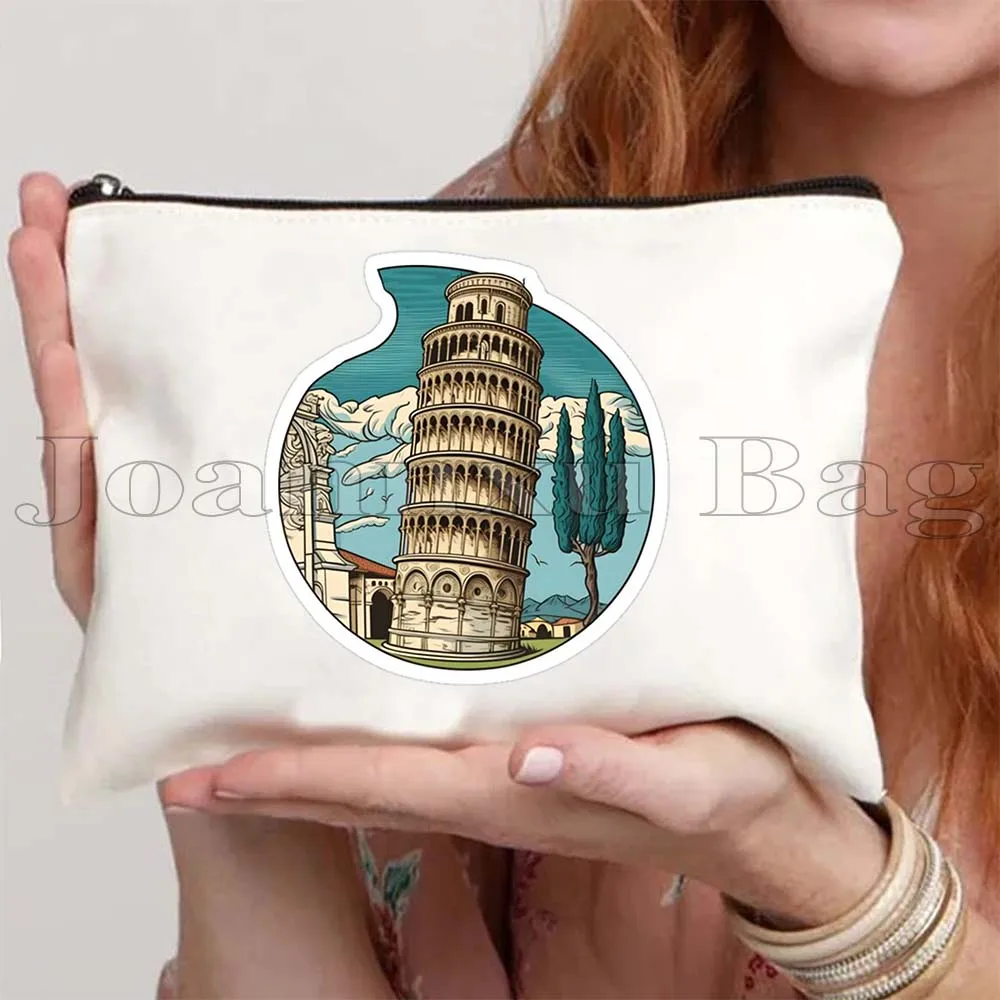 Vintage Travel Florence Duomo Pisa Leaning Tower Italy Cute Gifts Canvas Cosmetic Bag Makeup Toilet Bag Pencil Case Zipper Pouch
