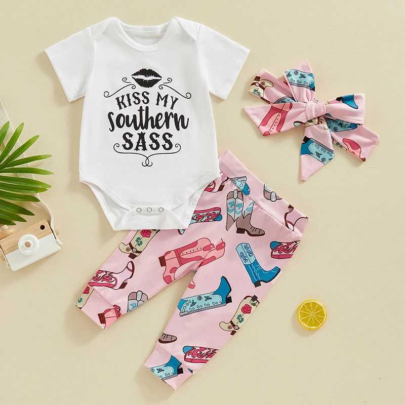 

Baby Girls 3Pcs Summer Outfits Short Sleeve Lip Letter Print Romper + Pants + Hairband Set Newborn Clothes