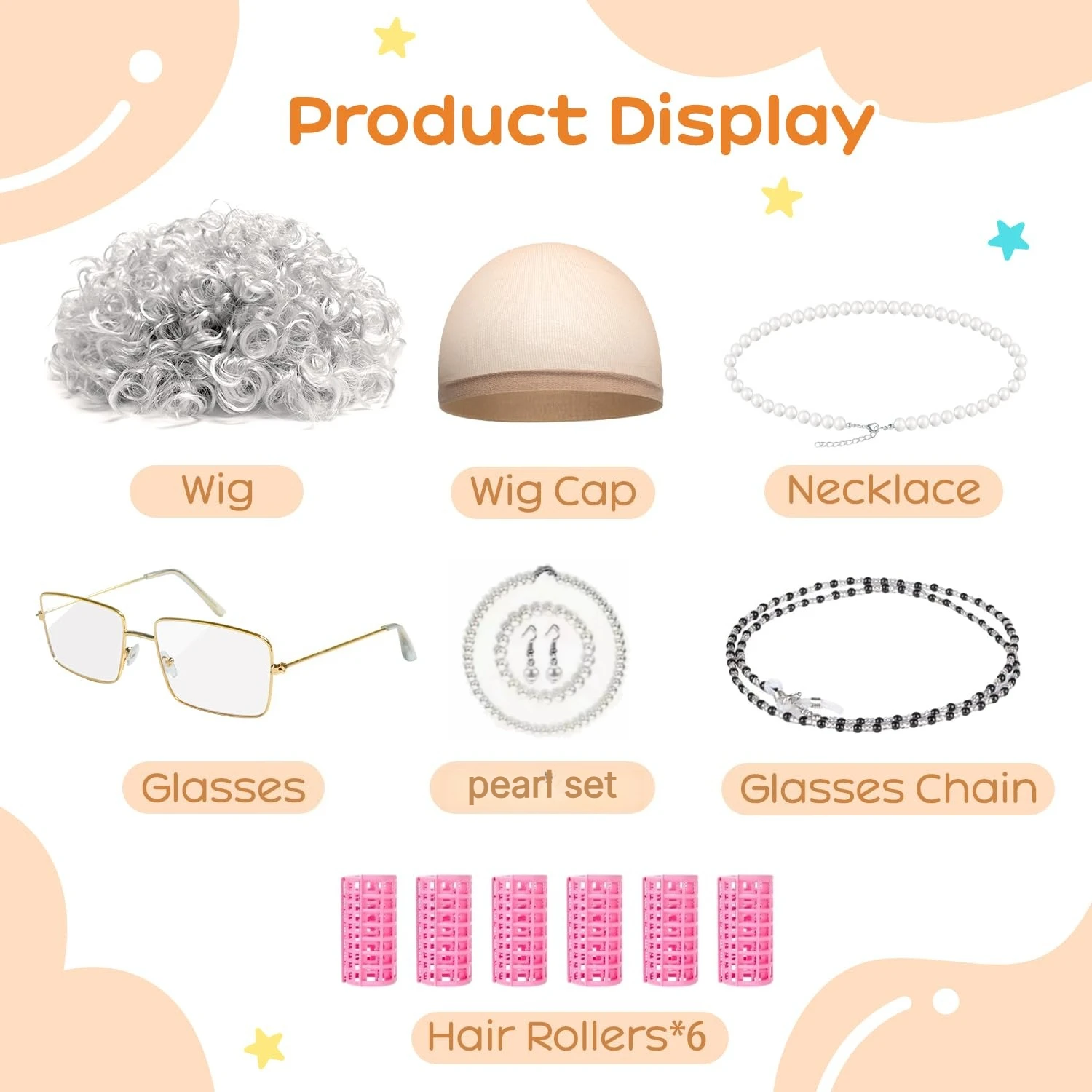 Old Lady Wig Costume for Women, 5 PCS Kids 100 Days of School Grandma Wig Costume Halloween Girls Adults Cosplay Accessories Set 3