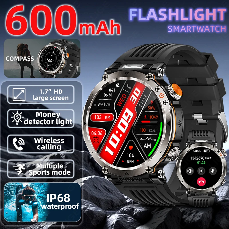

New Outdoor Smart Watch Men's 600mAh Flashlight Watches Compass Bluetooth Call Heart Rate IP68 Waterproof Sports Smartwatch 2025