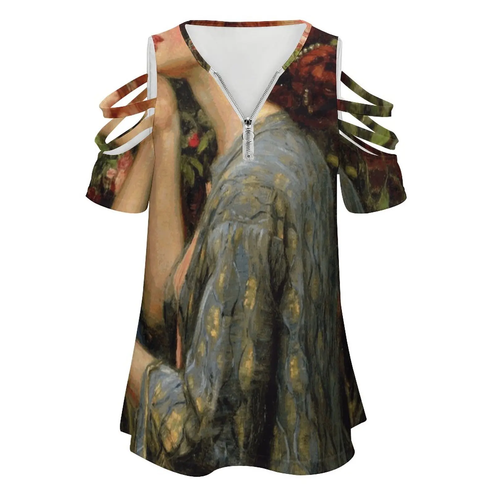 The Soul Of The Rose-John William Waterhouse Women's T-Shirt Summer Fashion Print Floral V-Neck Zipper Tshirt Hollow Pullover