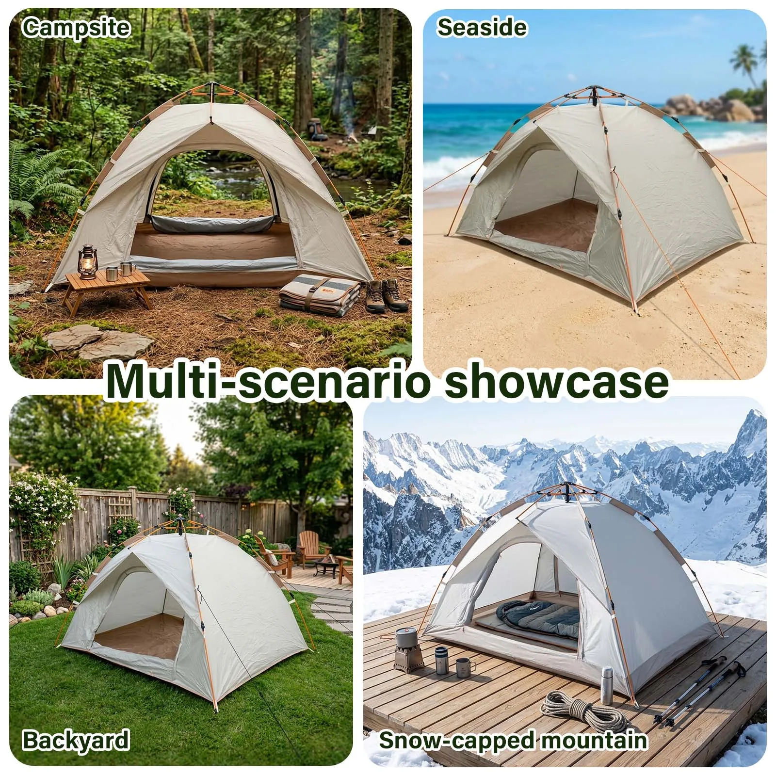 Pop Up Camping Tent Automatic Instant 2 Person Beige Dome Tent 2 Doors Mesh Door for Forest Night Glamping Outdoor Cozy view 4