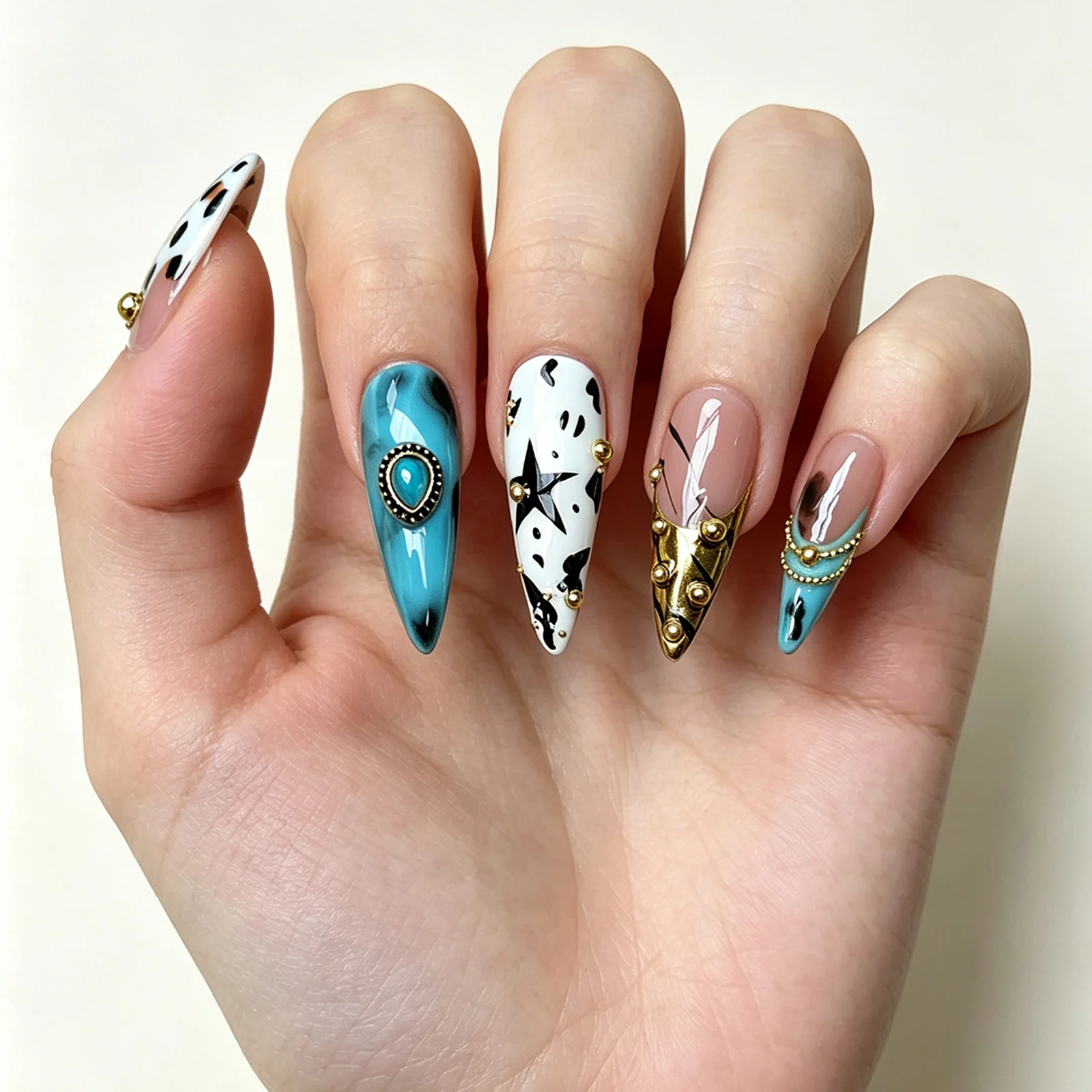 10pcs Handmade Press On Nails Gothic Punk Star Design Fake Nail Patches Retro Green French Long Stiletto False Nail Tips