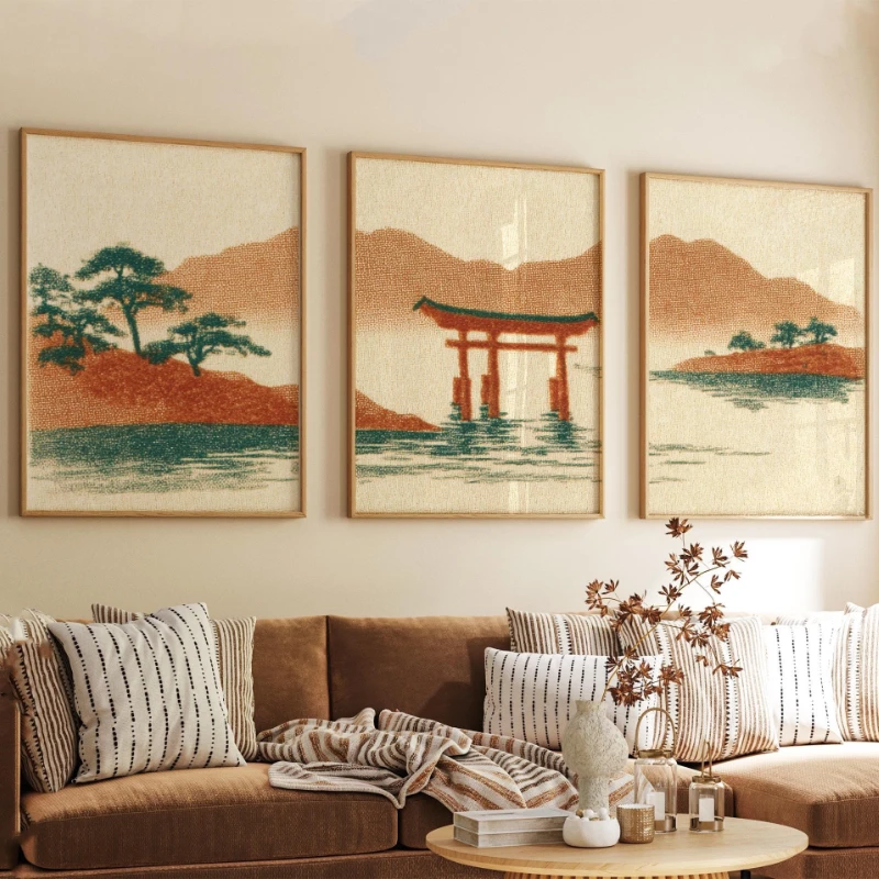 3pcs Minimalist Japanese Torii Gate Coastal Scenery Poster Stylish Retro Seascape Frameless Canvas Prints for Living Room Dec