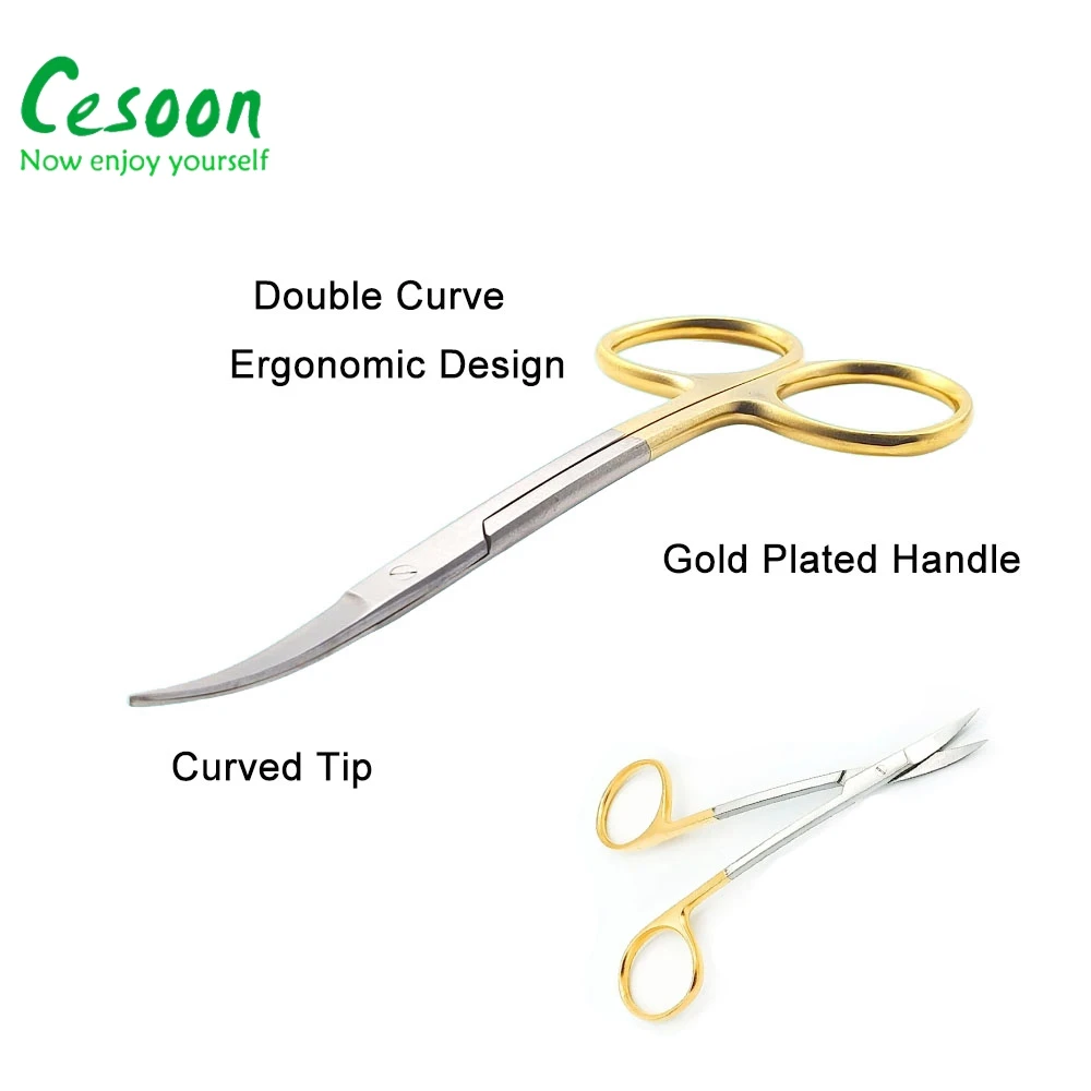 11.5CM Dental Surgical Double Curved S Scissors Gold Plated Handle Stainless Steel Dental Tools for Clinic Lab Instrument