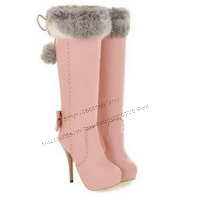 Knee High Brown Platform Fur Bow Knot Decor Boots Thin High Heel Women Shoes Slip-On Pointed Toe 2023 Zapatos Para Mujere