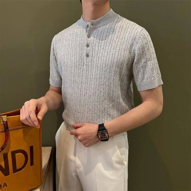 New Short Sleeve Knit Pullover Streetwear Workout Tee Shirts Solid Color Shirt Button T-Shirts Dropshipping