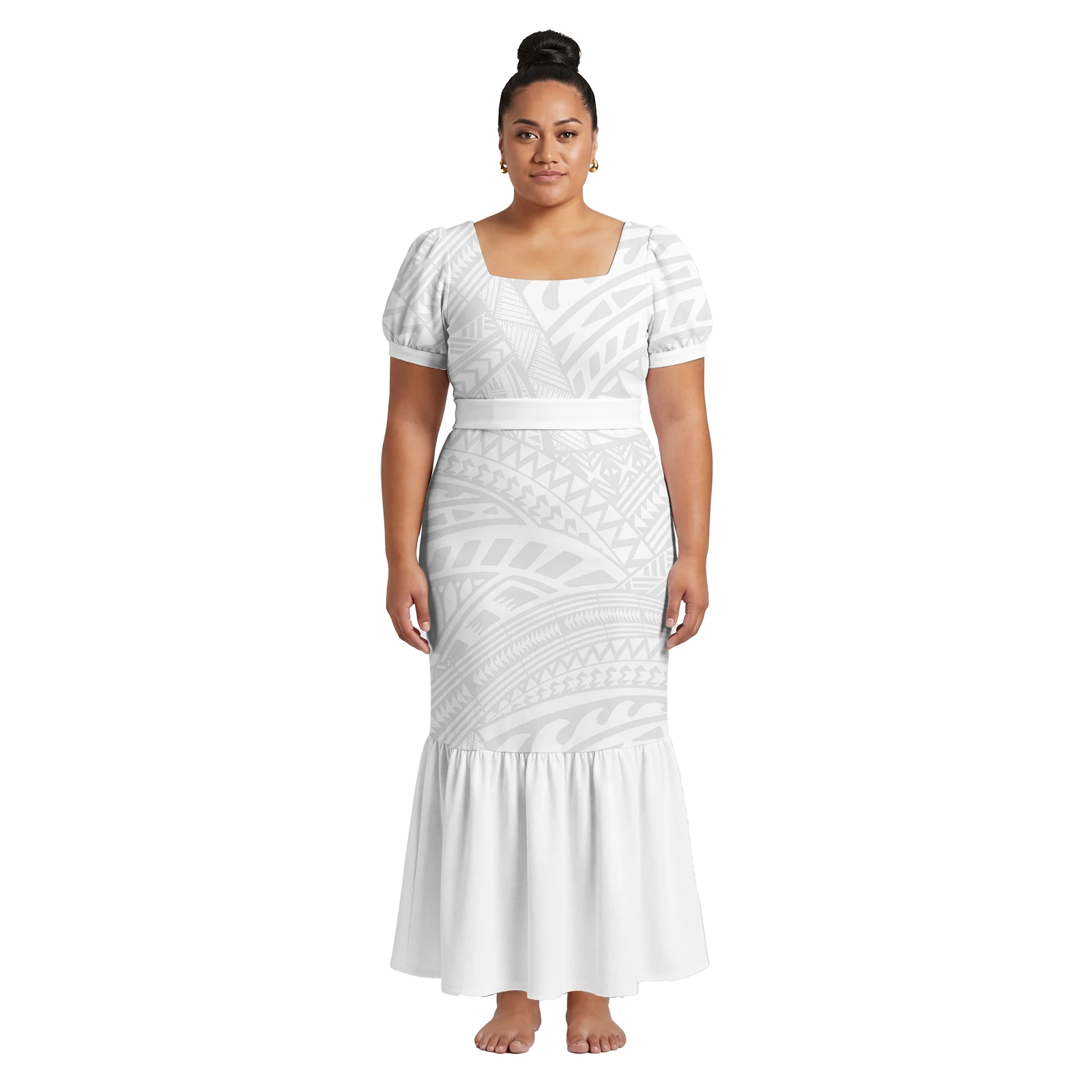 In Bulk Samoan Tribal Printing Ladies Custom Clothes Hawaiian Square Neck Dress Women Polynesian Lace-up Dresses White Design
