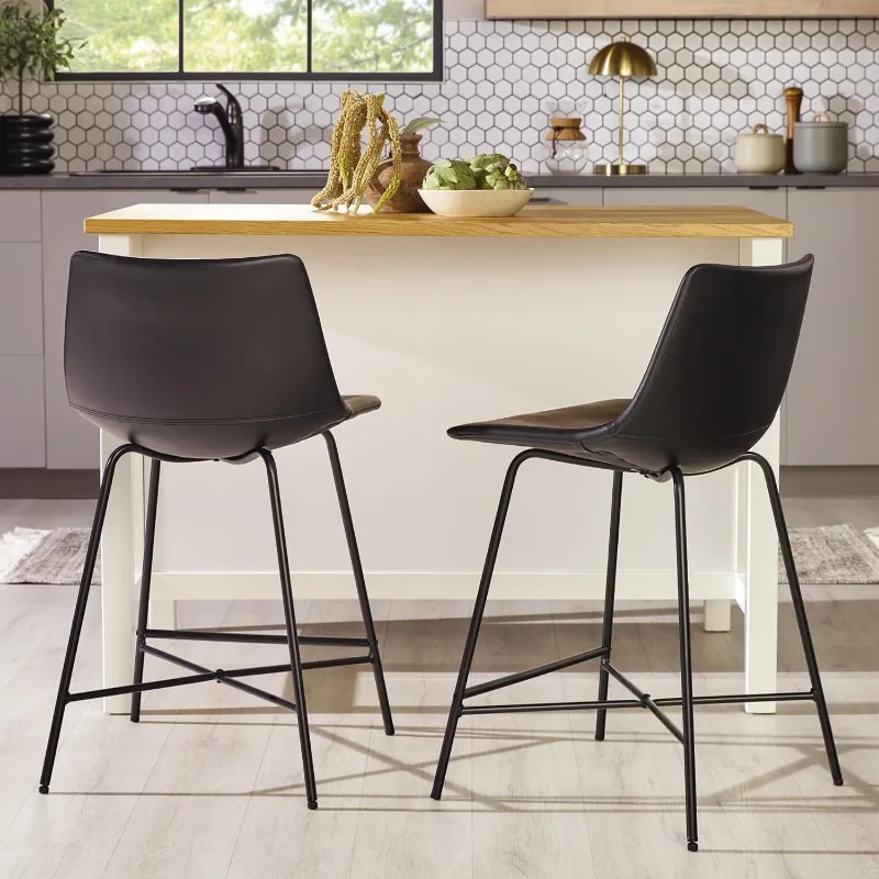 Modern Faux Leather Counter Stools, fezes estofadas, Base de aço revestido em pó, Conjunto de 2