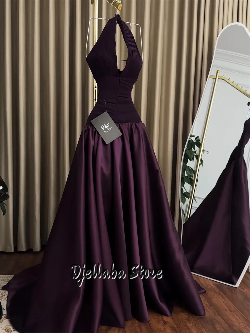 Luxo roxo halter vestidos de baile uma linha formal vestidos de festa feminino maxi vestidos de noite personalizados 2026