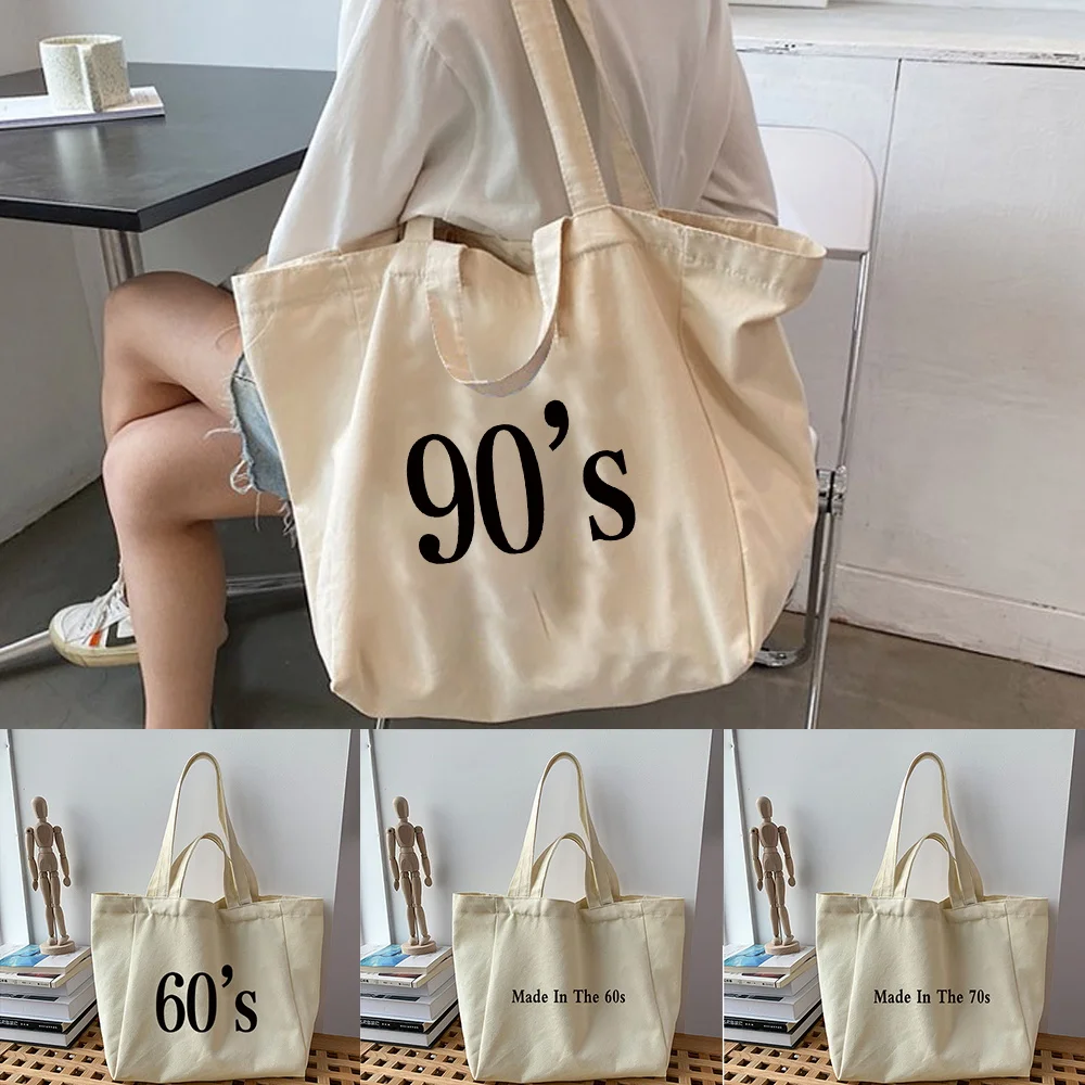Fashion Soft Canvas Shoulder Tote Years Print Grocery Bag Daily Shopping Handbag for Weekend Trip