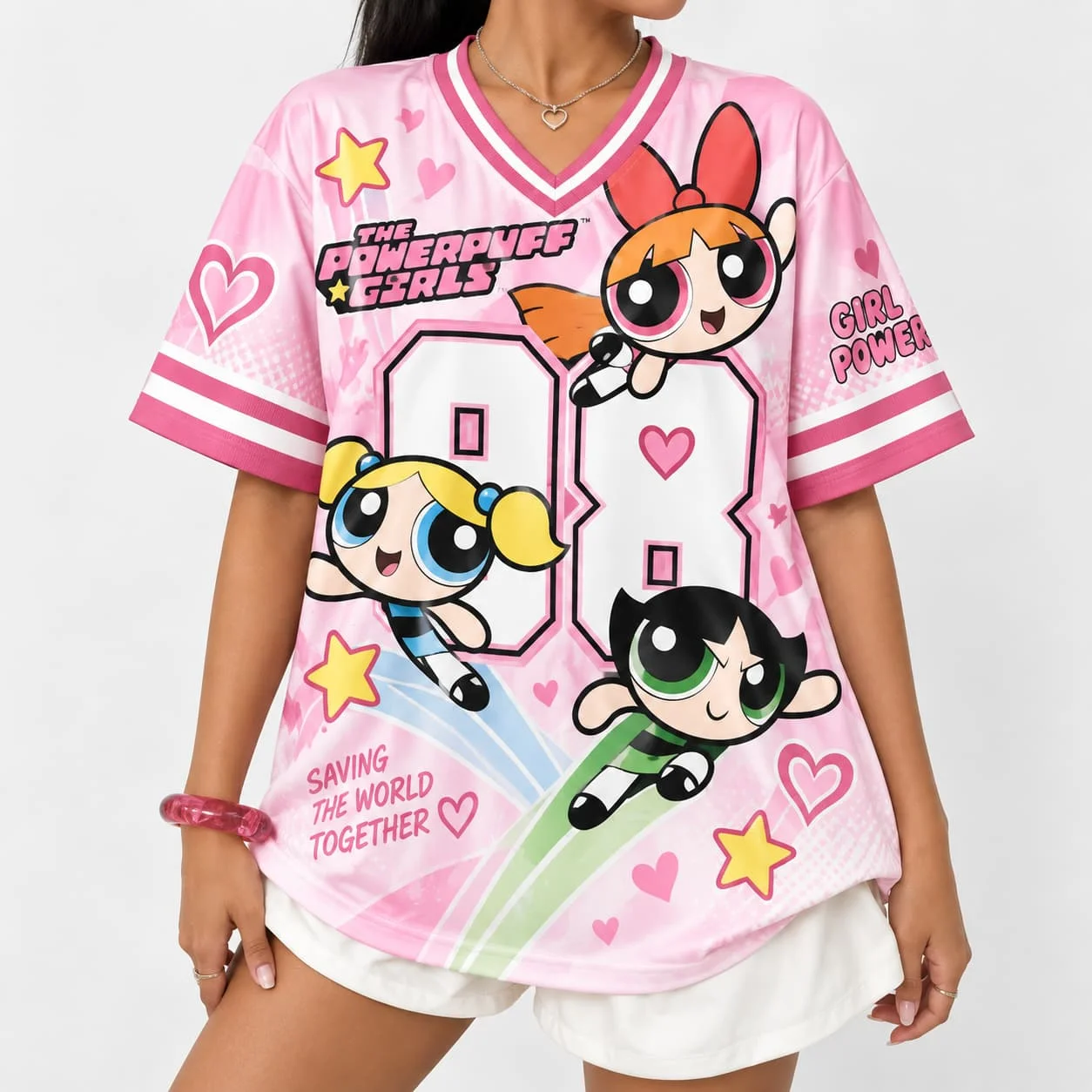 Women T Shirts V Neck The Powerpuff Girls Cartoon Graphic Jersey Tops Blue Cute Kawaii Style Couple Outfit Unisex Summer Fashion