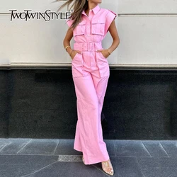 TWOTWINSTYLE Solid Streetwear Spliced Pocket Jumpsuit For Women Lapel Sleeveless Patchwork Belt Loose Jumpsuits Female KJU507889