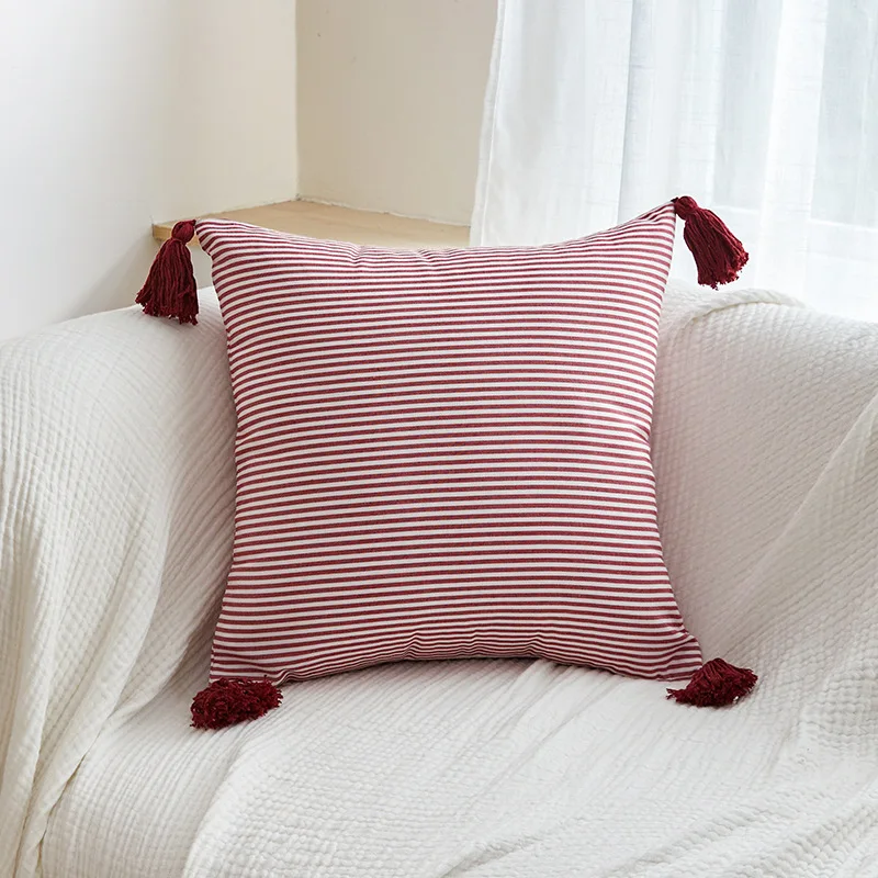 45x45cm Red Striped Throw Pillow Cover Cotton Pillowcase with Tassels Modern Farmhouse Decor Cushion Cover for Couch Sofa Bed