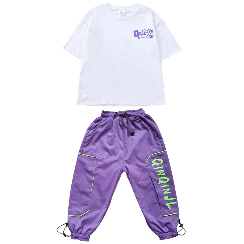 Traje de dança de salão infantil, Jazz Practice Wear, roupas Hip Hop, camiseta branca solta, calça roxa, streetwear para meninos e meninas, roupas Rave