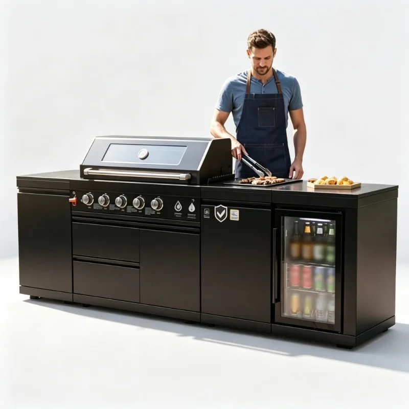 Customized Premium Modern Outdoor Grill Folding 304 Stainless Steel 4 Burner Unit with Single Side Oven & Powder Coating