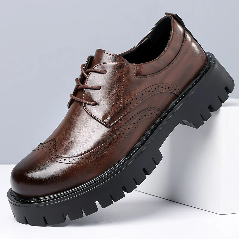 2026 Autumn New Thick Sole Brogue Derby Shoes, Anti-slip Wear-resistant British Style Business Formal Casual Leather Shoes