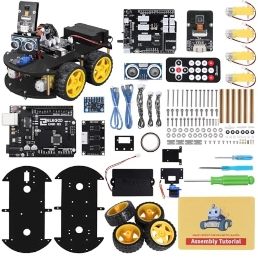 

Smart Robot Car Kit for Arduino robotics education: ABS plastic chassis, black-red color scheme, easy assembly with step-by-ste