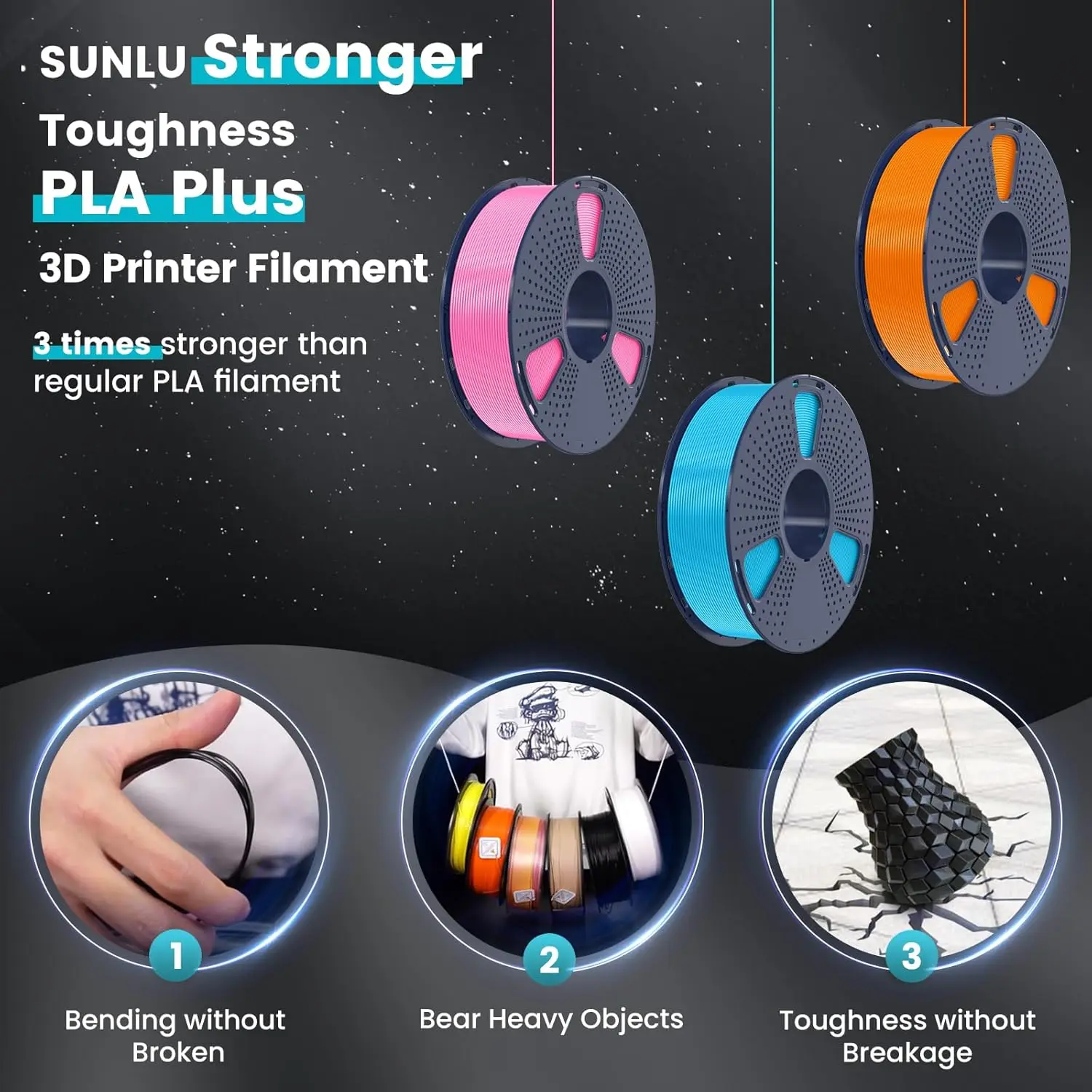 SUNLU 1.75 مللي متر PLA PLUS خيوط طابعة ثلاثية الأبعاد 3 كجم صلابة جيدة أقوى مرونة بلاستيكية PLA + خيوط ثلاثية الأبعاد مع بكرة قابلة لإعادة الاستخدام