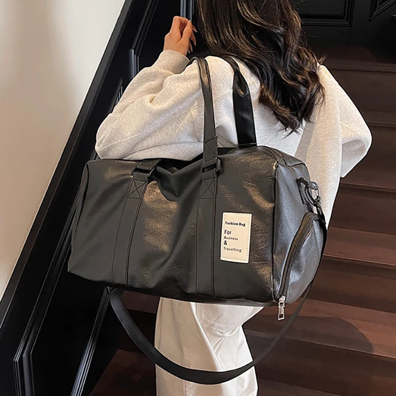 Women Fashion Travel Totes Duffle PU Leather Handbag Gym Sports Fitness Casual Luggage Shoes Pocket Shoulder Weekend Bag