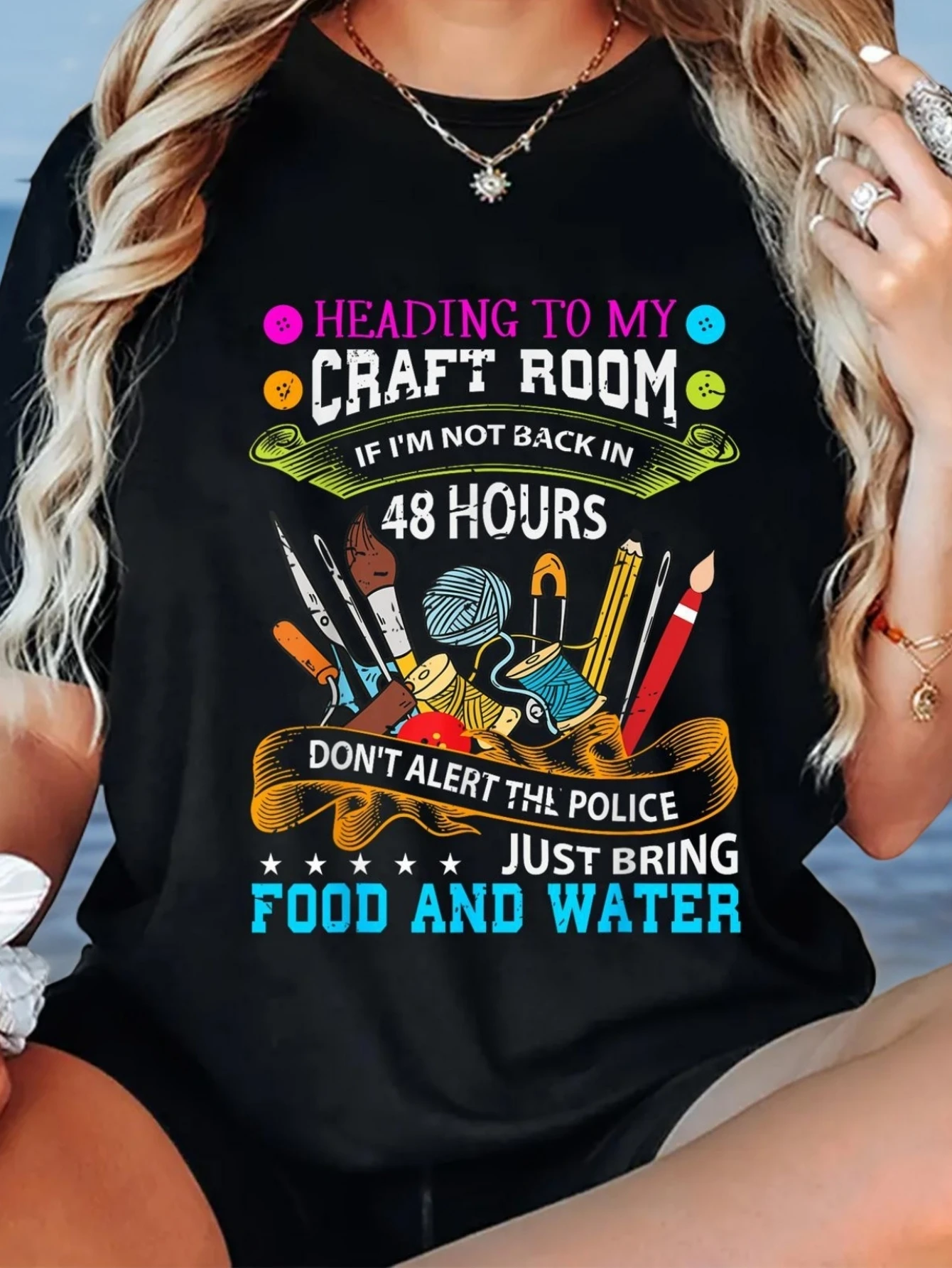 T-shirt casual da donna in cotone 1 pezzo con umorismo della stanza artigianale - Tessuto a maglia traspirante e assorbente, girocollo, comfort per tutte le stagioni