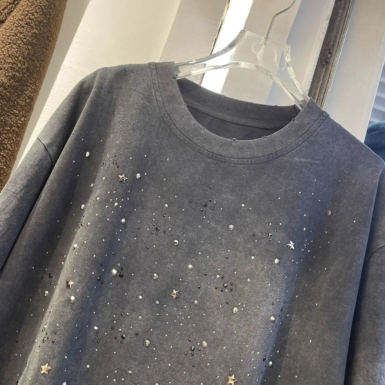 Women Loose Rhinestone Long Sleeve T-Shirt New Spring Autumn Mid-Length Retro Top
