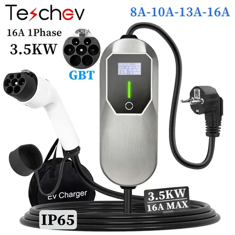 Портативное зарядное устройство Teschev 3.5 кВт Type1 SAE J1772, 16А Type2 IEC62196, для электромобилей, кабель для быстрой зарядки GB/T EVSE