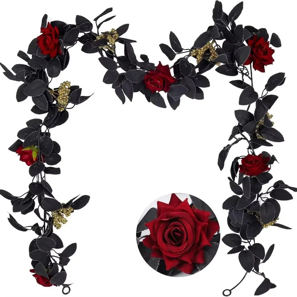 Realistic Halloween Rose Leaf Vines Plastic 175cm Artificial Rose Vines Simulated Rose Scene Layout
