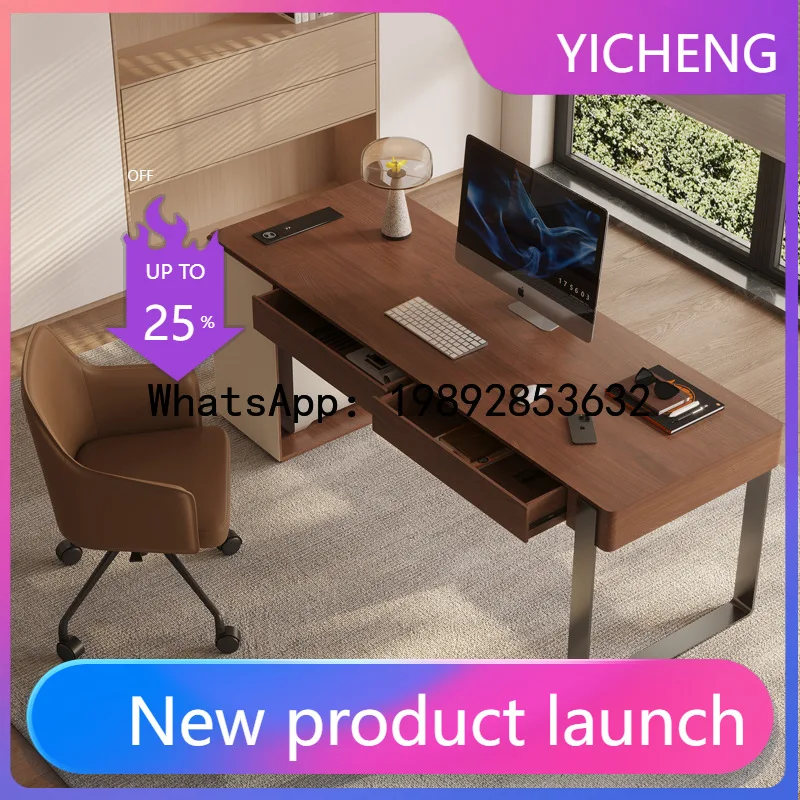 

B-3 Vintage Style Solid Wood Desk Minimalist Home Study Office Desk High-end Saddle Leather Walnut Color Computer Desk