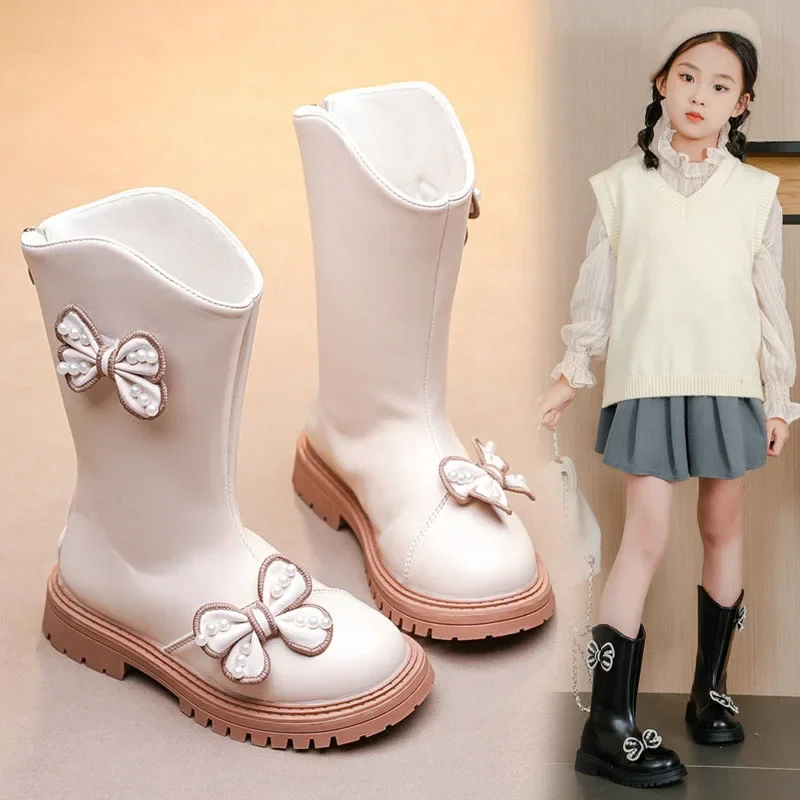 

Girls Fashion Bowknot Boots Pearl Mid-calf PU Leather Botas Autumn Winter Korean Platform Kids Snow Boots Princess Dress Shoes