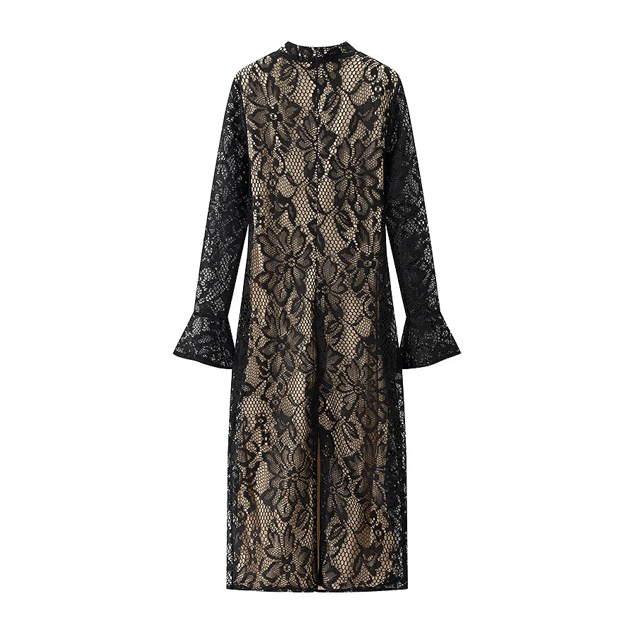 JNLEAOG レディース レース ホローアウト ローカット ベルスリーブ ボディコン ドレス 秋の新作 ファッションデザイン ヨーロッパ風