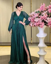 Fashionvane 2024Customized V Neck Evening Dresses Saudi Arabia Women Wear Long Sleeves Dubai Special Party Prom Gowns Side Slit