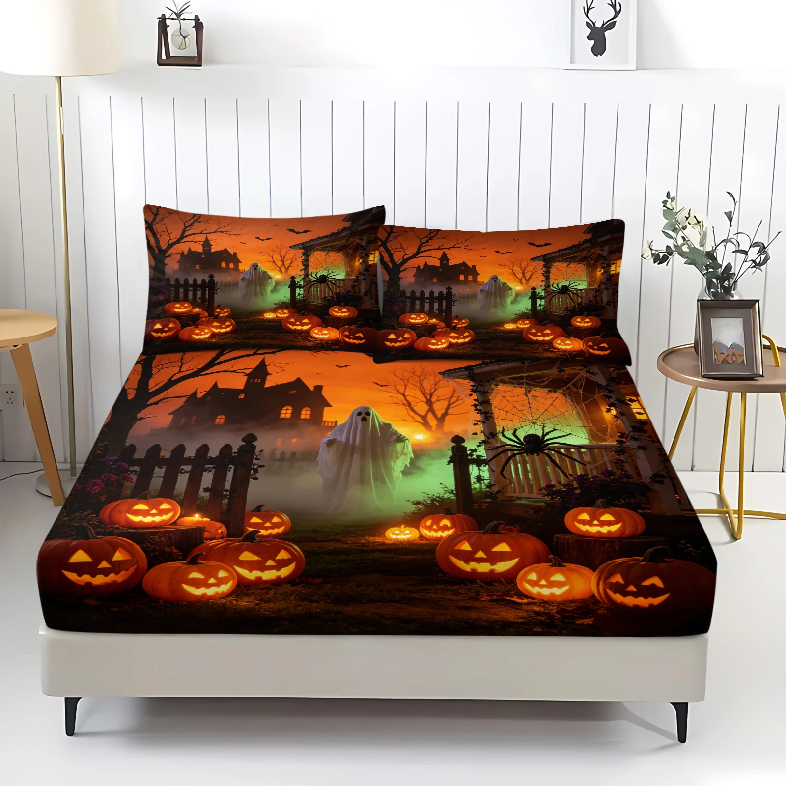 Halloween Haunted House Ghost Pumpkin Fitted Sheet Set Elastic Mattress Cover with Pillowcase Spider Bat Scary Bedding Decor