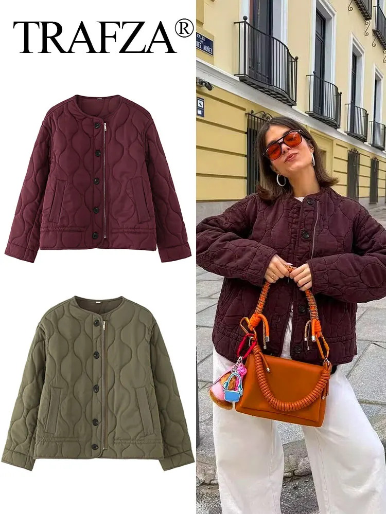 

TRAFZA 2025 New Fashion Woman Winter Coat Quilted O-Neck Single-breasted Jackets Warm Pockets High Street Women's Outerwear