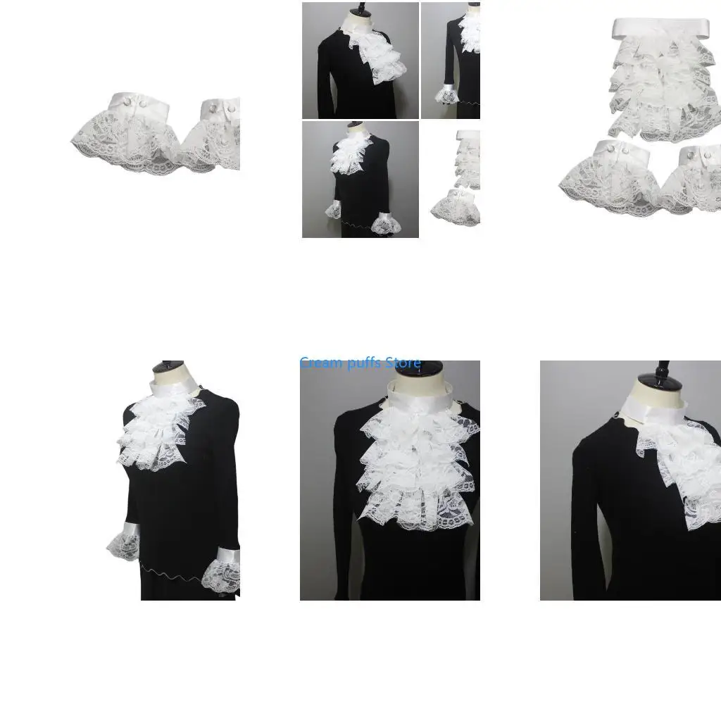 50LE Delicate Women Jabots Collar Wrist Cuffs Adjust False Collar White Ruffle Collar