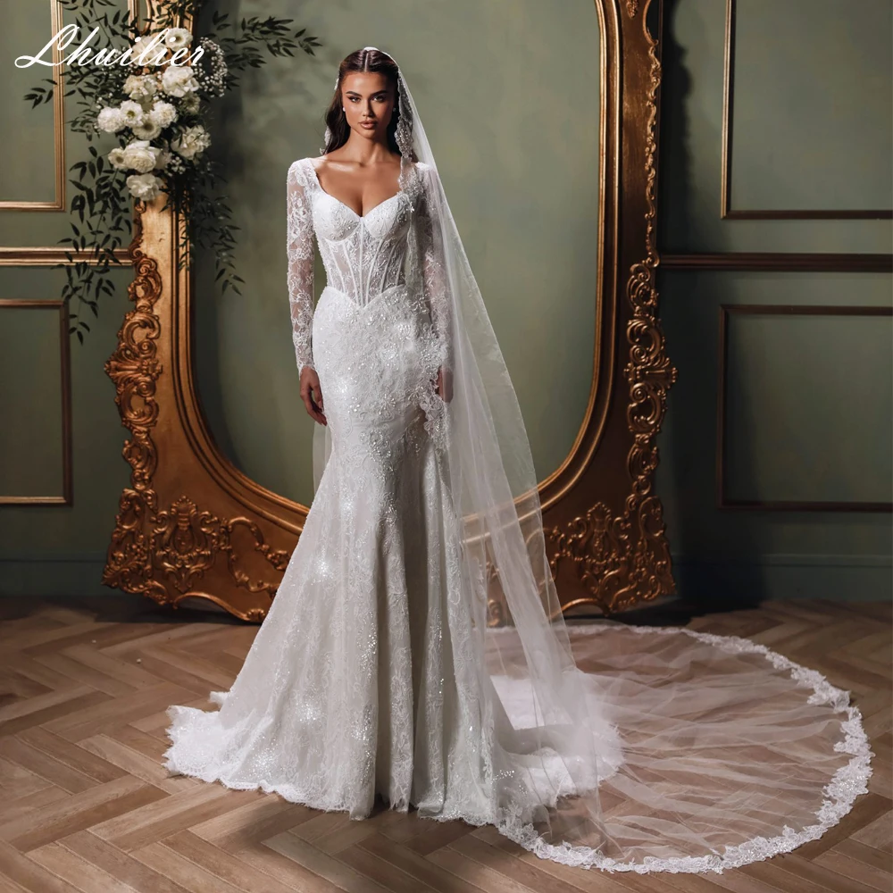 

Lhuilier Customized Mermaid Lace Wedding Dresses Illusion Long Sleeves Pearls Beaded Bridal Dress with Court Train