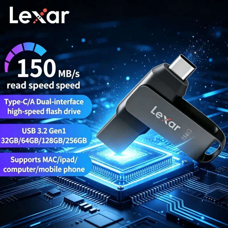 Lexar Type‑C USB‑A Dual Interface U Disk USB3.2 Gen1 150MB/s Flash Drive For Phone Tablet Laptop Mac Storage