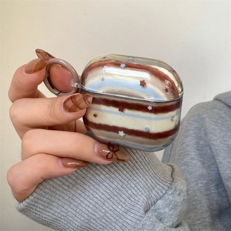 

Korean Stripes Cute Star Earphone Case For Apple Airpods 4 3 2 Pro 3 Cover with Ring Soft Silicone Protective Cases For Airpods