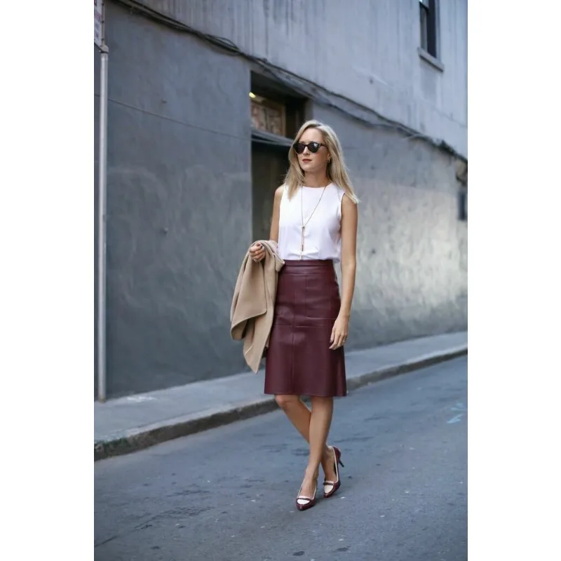 Women's Truly Elegant Genuine Leather Sheepskin Skirt with Knee Length Pockets and Soft Skirt