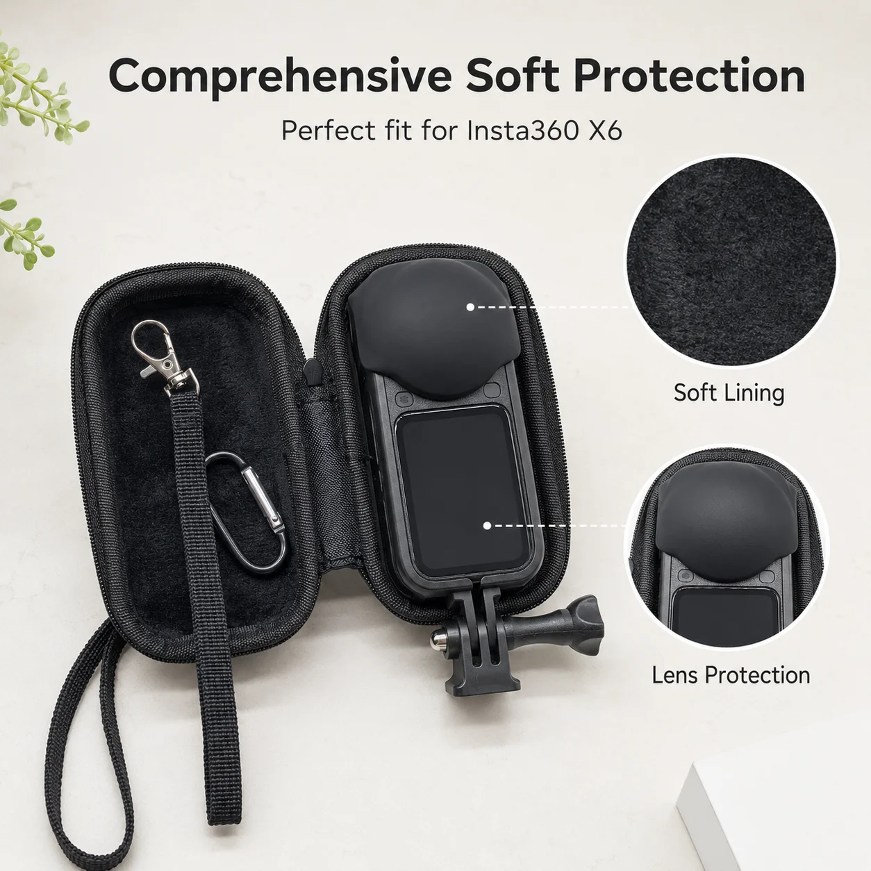 For Insta 360 X6 Original Lens Cap Portable Small Storage PU Protective Cover with Carabiner/Wrist Strap Black (Only Case)