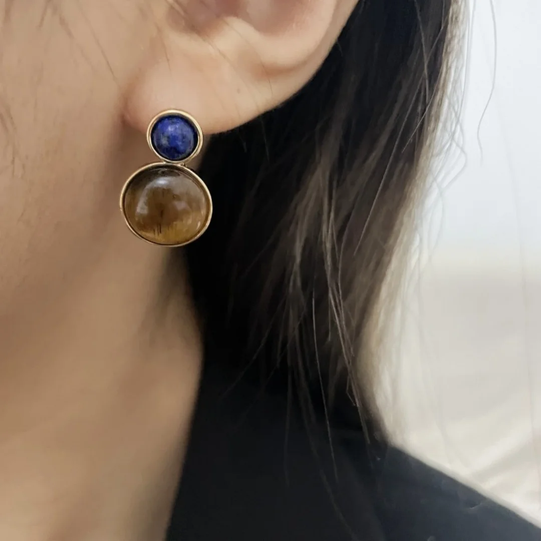 

DUTRIEUX Elegant Round Geometric Earrings Retro Style Tiger Eye Ear Studs Minimalist Niche Design Jewelry Ear Decor Accessory