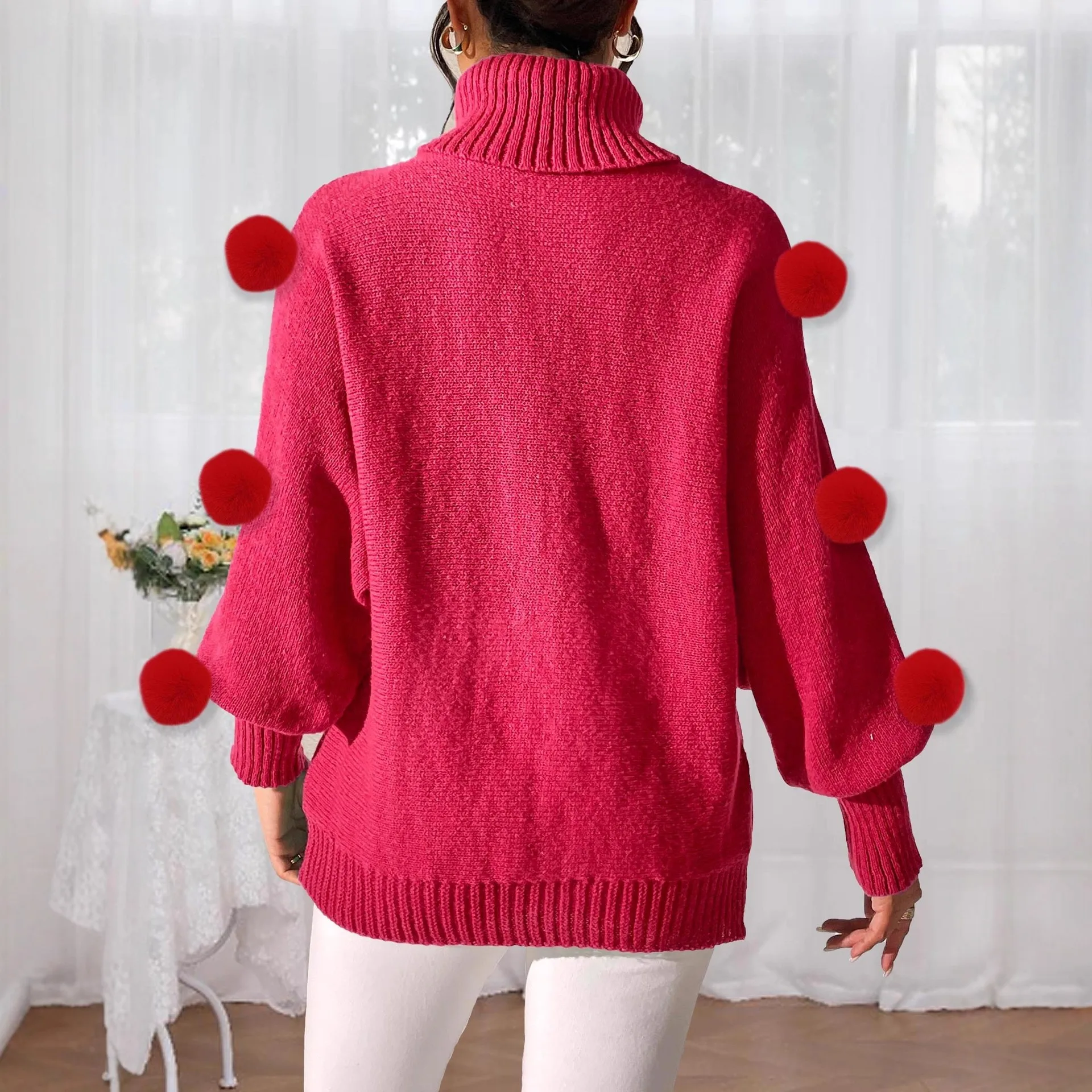 Suéter F de Gola Alta com Mangas Batwing Vermelho com Detalhes em Bola Cseta Base Estilo de Rua Manga Longa Moda de...