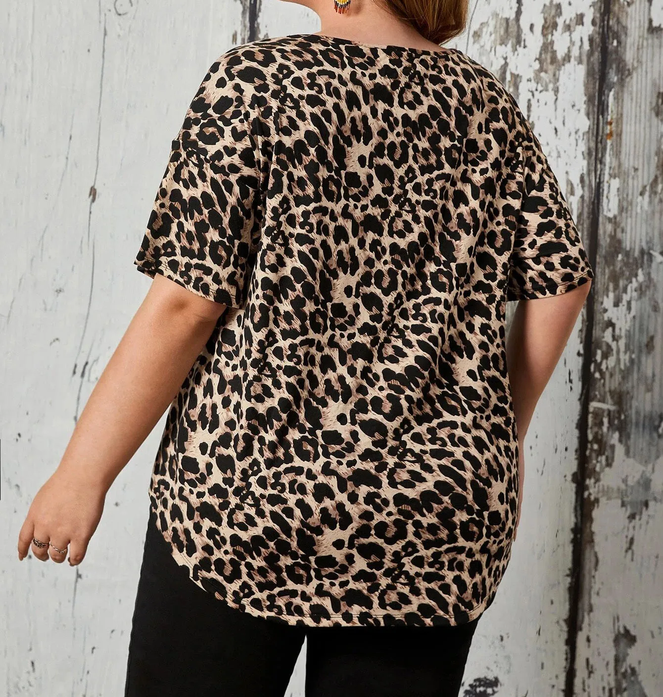 Plus Size Women Summer Crew Neck Leopard Print Pullover Short Sleeve Loose Casual T-shirt