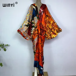 Sexy bech high-quality hand-rolled feel silk rayon fashion print 2021 WINYI Maxi women's robes long beach V-neck Bohemian dress