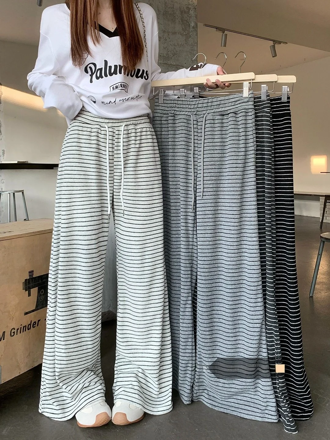

Женские брюки с высокой талией, широкими штанинами, драпировкой и завязками, в полоску, повседневные, свободные, прямые, длинные, для зимы