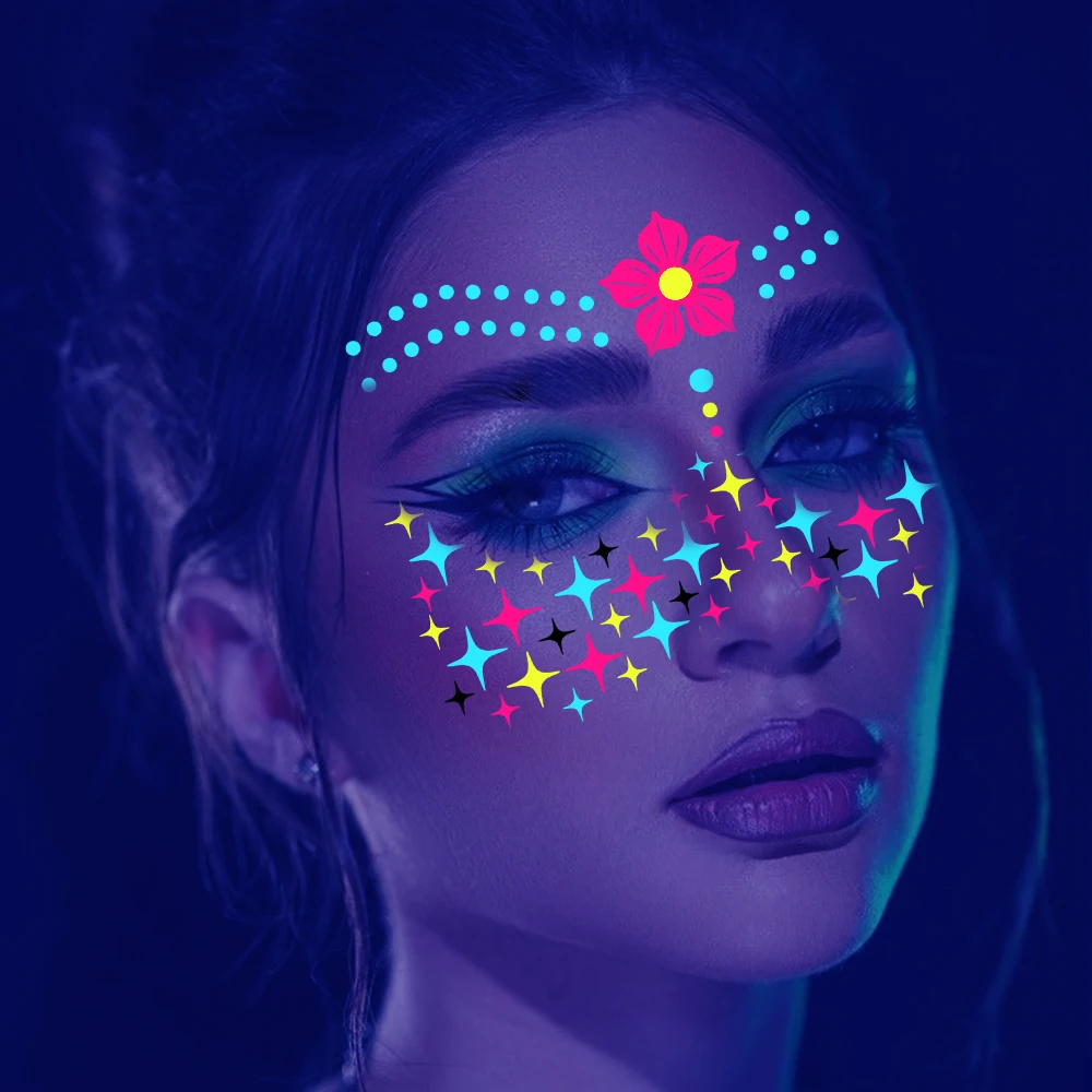 1/4/8Pcs Waterproof Temporary Fluorescent Face Stickers 15x14cm Halloween Neon Face Decal Music Festival Party Face Slider
