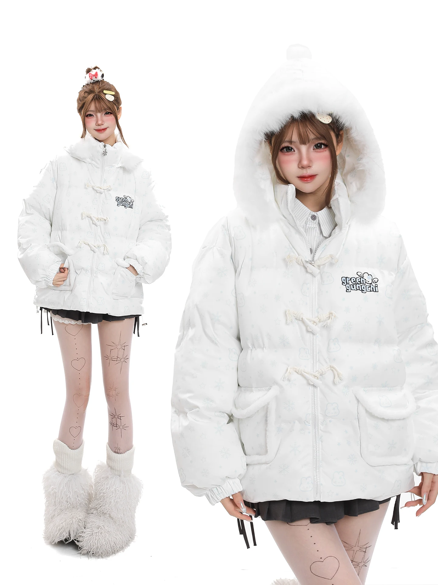 Sweet Style Rabbit Ear Button Hooded Thickened Cotton Jacket Women's Winter Loose Warm Coat with Fur Collar Cartoon Pattern