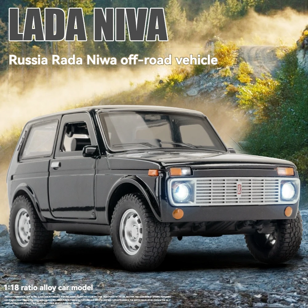 No Color Box Diecast 1:18 Niva Alloy Car Model with Sound and Light Pullback Doors Open Toy Display Gift Collection Car Model